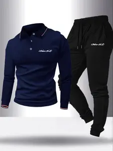Men's Casual Letter Print Long Sleeve Golf Polo Shirt + Drawstring Sports Pants Tracksuit Set, Spring & Fall Fitted Moderate Fabric, 2 Pieces Pack, Sportswear Set