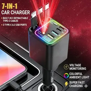 Ultimate Ambient Lighting , Car Charger: 65W Fast Charging Station with 3 Built-in Cables & 4 Ports | LED Voltage Display & RGB Light | Universal for iPhone, Android, Samsung | Road Trip Essentials