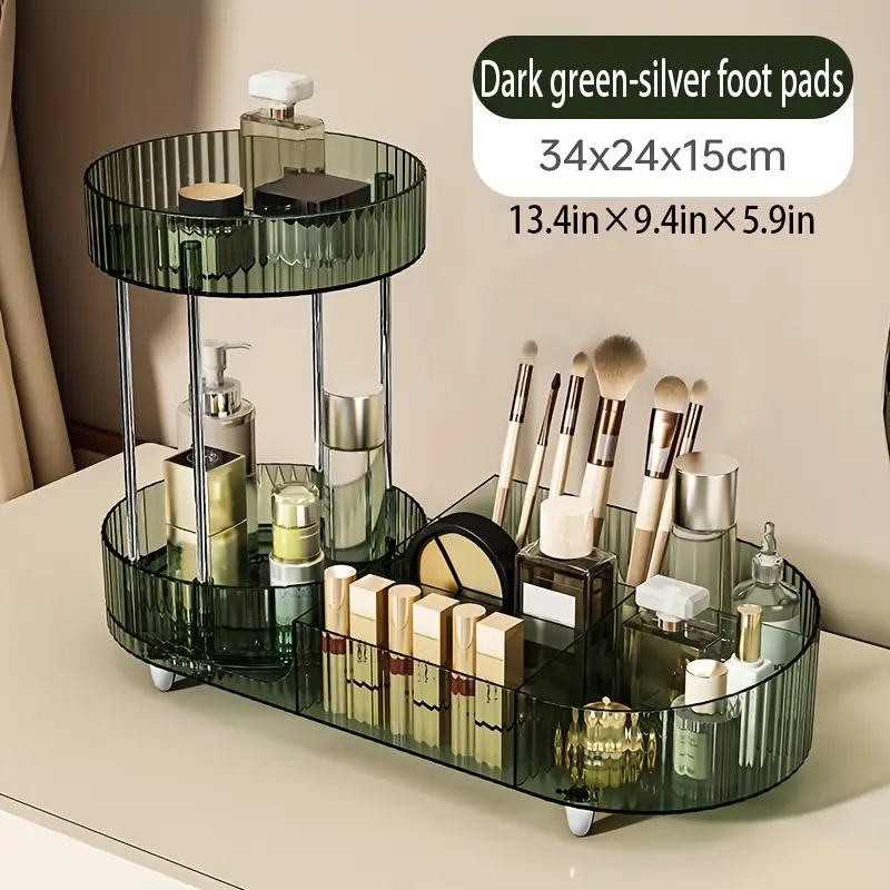2-Tier Green 360-Degree Rotating Lead-Free Boxed Desktop Container Cosmetic Organizer with Brush Holder, Storage Organizer for Perfume, Cosmetics, Skincare - Christmas Vanity Use, Lead-Free Cosmetic Organisers