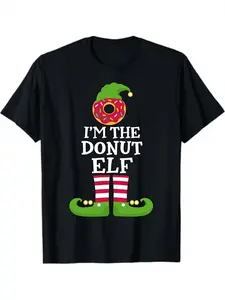 Fun "I am a doughnut elf" Christmas T-shirt-holiday food theme printed top, doughnut and elf pattern design, soft elastic fabric, unisex casual..., moisture-wicking, clean design, unisex fit, weekend casual