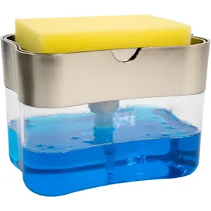 Kitchen Sink Dishwashing Liquid Dispenser and Sponge Holder, Includes Sponge, 13 ounces, Metallic Silver