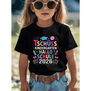 Girls' Short-Sleeve T-Shirt for Kindergarten Graduation in 2026, Featuring Colorful Cartoon Prints. It'S Casual, Soft, Comfortable, And Trendy for Summer Wear, Perfect for Daily Outings, School Ceremonies