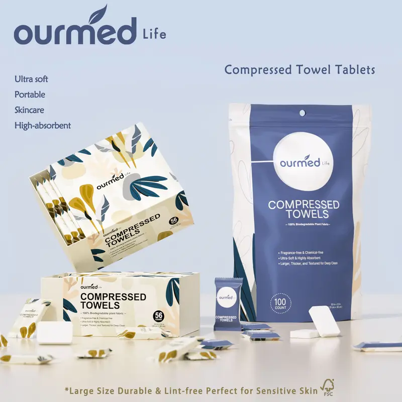 Ourmed Life Portable Compressed Rayon Fabric Towel Tablets - Individually Wrapped, Quick-Expand, Soft, Lint-Free Disposable Bath Towelettes (12"x10"), Eco-Friendly for Adventure, 112 Count (2 Pack, Bagged/Boxed Options), Eco Friendly Towels
