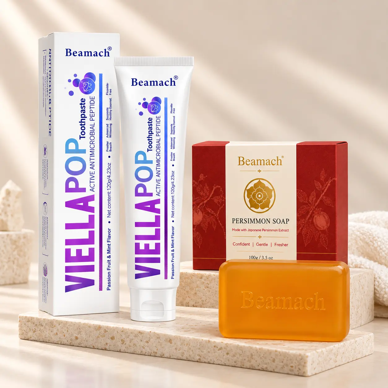Beamach Oral Care Set- Whitening Viella Pop Purple Toothpaste,Persimmon Soap,