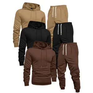 3-Pack Men's Casual Sports Hoodie and Sweatpants Set, Solid Color, Long Sleeve Pullover with Pocket, Knit Polyester, Slight Stretch, Regular Fit, Elastic Waist with Drawstring, Ribbed Cuff Pants - Spring/Fall Athletic Outfit Clothing Fabric Blouses & Shir