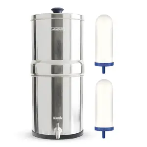 Armour Water Filter System - Stainless Steel Countertop Gravity Water Filter Dispenser with 2 Coldstream FTO Filters for PFAS, Fluoride, Lead, Bacteria - NSF Certified Water Dispenser