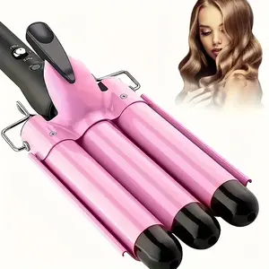 Pink 3-Barrel Hair Curler with Adjustable 25mm Waves, Fast Heating for Long or Short Hair, Beach Wave Styling Tool for Women, US Plug, 110V, 60W Power, Sleek Design for Perfect Curls, Beach Wave Maker | Intuitive Hair Tool | Adjustable Curl