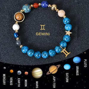 Lucky Gemini 12 Zodiac Blue Stone Bracelet 8mm Natural Stone Eight Planet Beaded Fashion Bracelet