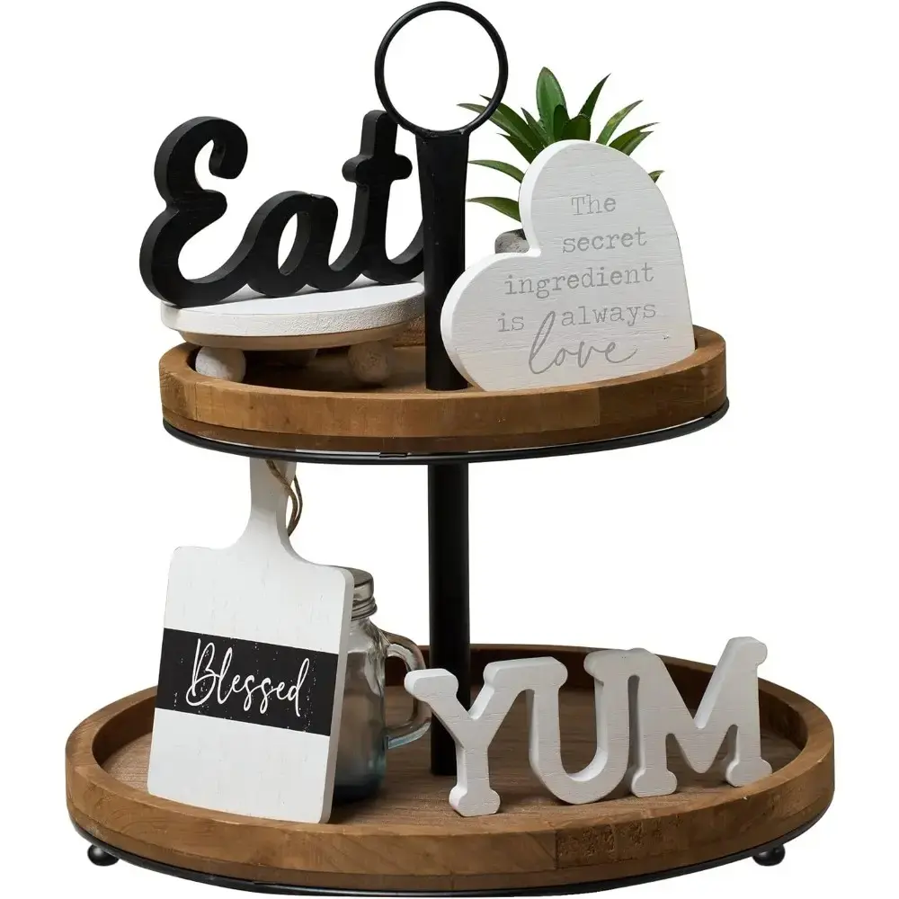 Farmhouse Kitchen Tiered Tray Decor Mini Set, Rustic Black and White Kitchen Counter Decor, 2-Tiered Tray Kitchen Decor Set for Home Kitchen and Dining Room Table Decoration