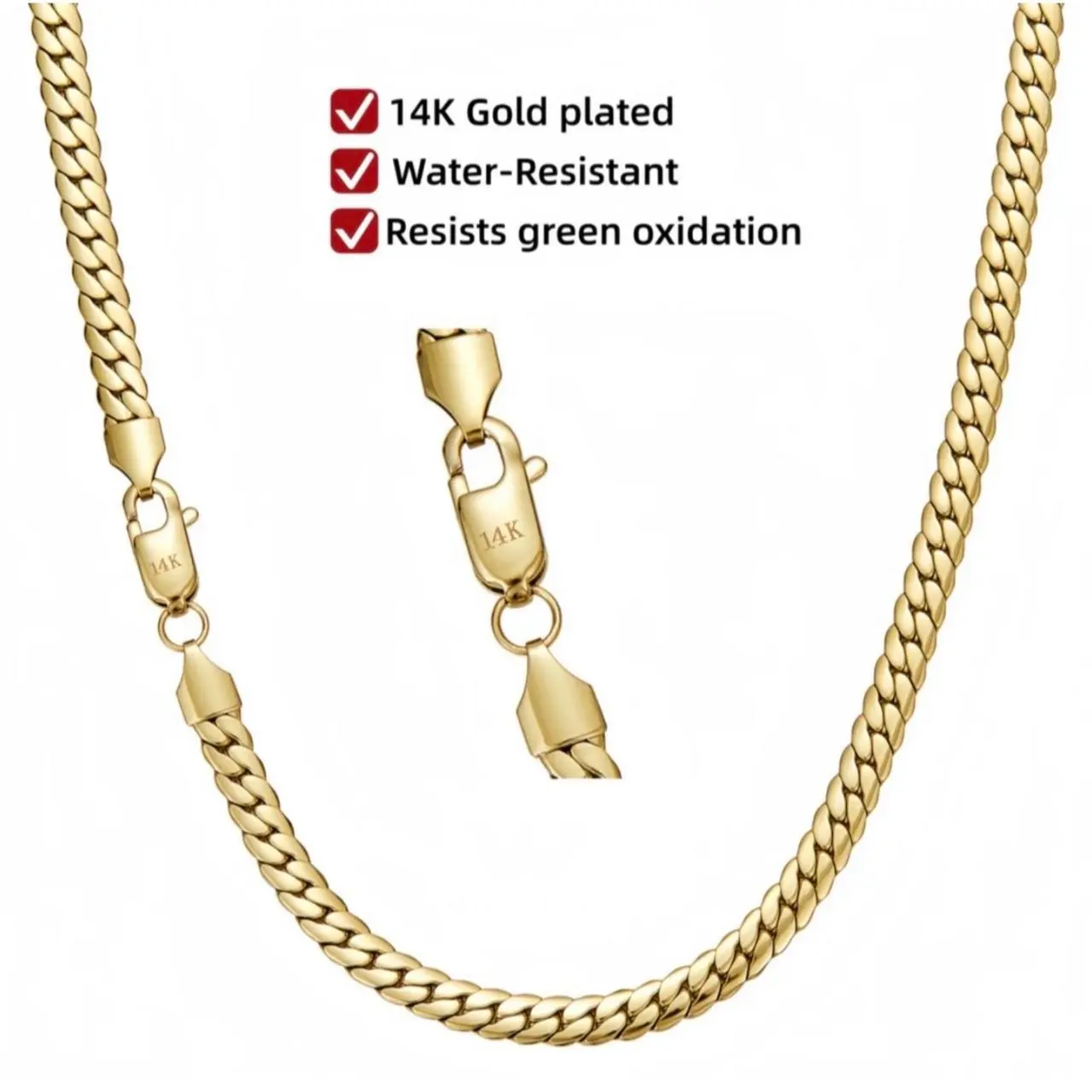 14K Gold Plated Horsetail Chain Necklace available in 6mm & 8mm. Water-resistant, tangle-free and anti-fade for long-lasting daily wear. This unisex chain works perfectly for men and women. Ideal gift for him and great choice for couple matching.