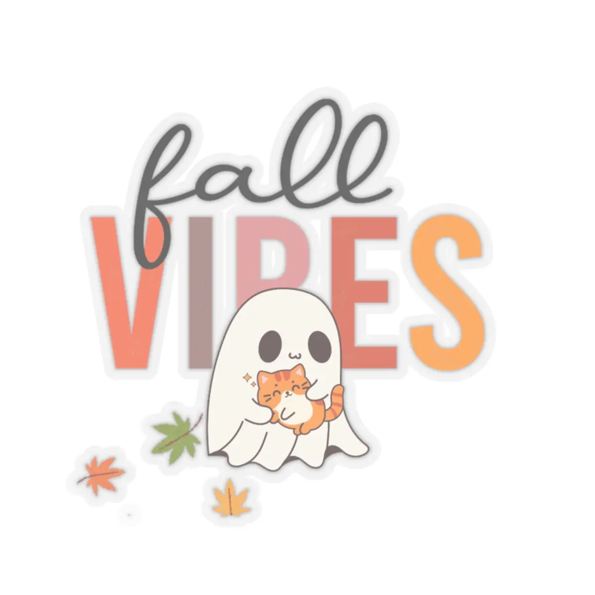 Cute Fall Vibes Stickers, Adorable Ghost with Cat, Seasonal Decor, Planner Stickers, Laptop Stickers, Autumn Essentials