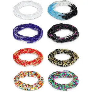 8 Pieces 50 Inch Handmade Waist Beads African Belly Chain Plus Size Belly Body Beads for Women Colorful Waist Jewelry Accessories