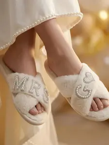 Customizable Letter G slippers,X-Strap Plush Slippers with Pearl Rhinestone Heart Design,  Perfect Gift for Wedding and Holidays