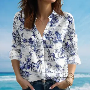 Horse Print Toile Blouse Shirt, Blue White Equestrian Shirt, Country Cottagecore Women Shirt, Vintage Horse Casual Shirt, Gift For Her