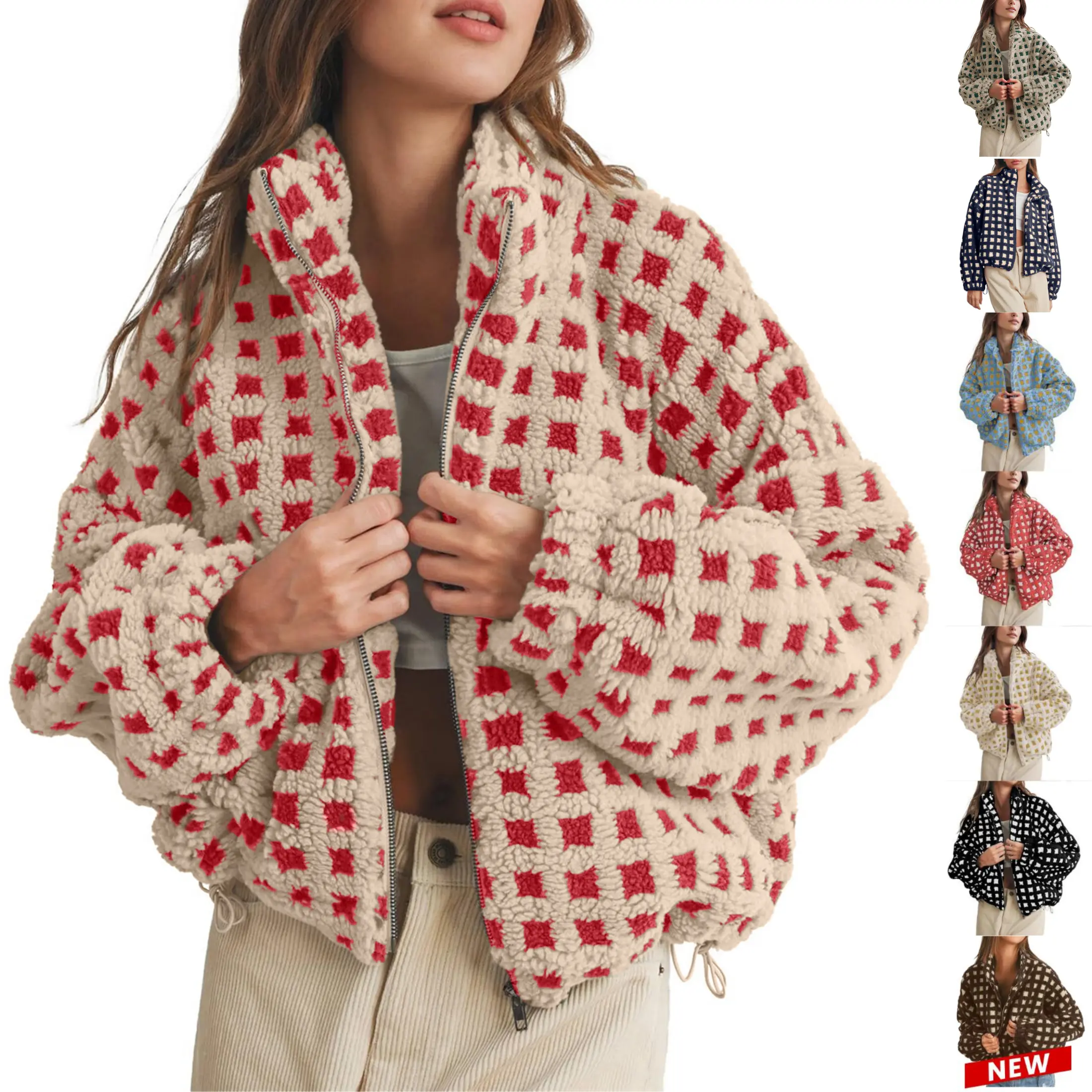JovenPara Women's Winter Sherpa Fleece Checkered Cropped Jacket - Long Sleeve, Zip Up, Warm, Fuzzy, with Pockets, Casual Outerwear Tops Coats, Longsleeves, Baggy Fit, Athletic, Checkered Pattern, Cute, Dry Clean, Flat Dry