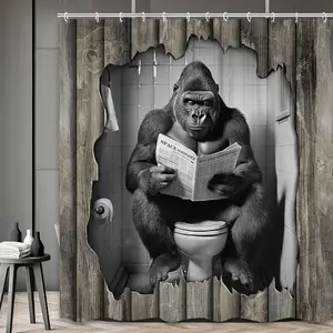 Funny Shower Curtain,Gorilla Sitting on Toilet Reading Newspaper - Rustic Animal Print Bath Curtain Waterproof Shower Curtains for Men, Wooden Teen Boys Humorous Bathroom Decor (12 Hooks Included)