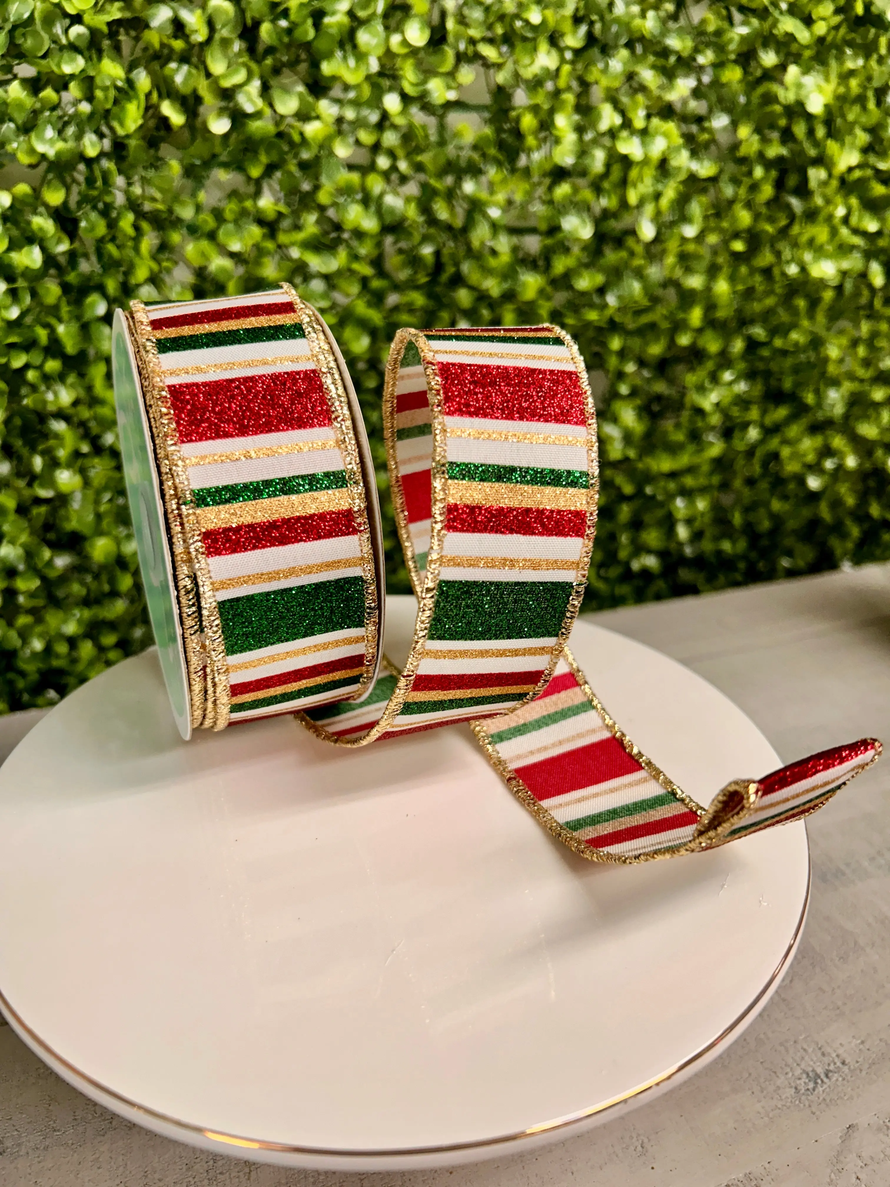 1.5 Inch By 10 Yard Hunter Green Gold And Maroon Horizontal Stripe Ribbon