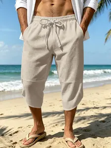 Men's Waffle Knit Capri Pants, Elastic Waist Drawstring Cropped Beach Pants, Lightweight Breathable Relaxed Fit Summer Casual Trousers For Vacation Lounging