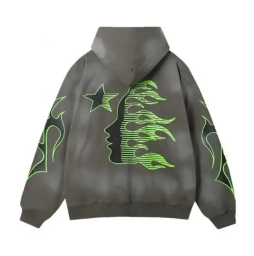Hellstar Neon Green Sports Grey Hoodie, Graphic Oversized Y2K Streetwear Pullover Sweatshirt
