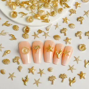 120PCS Multi-style Creative Ocean Series Resin Nail Charms 3D Champagne Color Shell Conch Starfish Fish Tail Summer Beach Nail Decorations DIY Necklace Clothing Nail Art