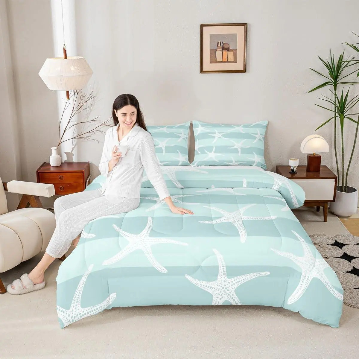 Ocean Comforter Set,Blue White Geometric Stripes Quilt,Starfish Undersea Creatures Bedding Set,Hawaii Sea Style Duvet Insert,(TYTS1374ZMD-BZ_USt)