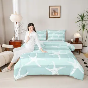 Ocean Comforter Set,Blue White Geometric Stripes Quilt,Starfish Undersea Creatures Bedding Set,Hawaii Sea Style Duvet Insert,(TYTS1374ZMD-BZ_USt)