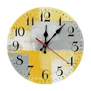 12 Inch Silent Non-Ticking Wooden Wall Clock| Bold Yellow Grey Abstract Art Print, Great Gift for Homeowners, Art Enthusiasts, Perfect for Living Room, Bedroom, Office, Battery Not Included