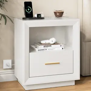 Royalcraft L Nightstand with Charging Station: Bedside Table with Spacious Drawer, 2 Outlets USB Type-C, Drawer Storage Cabinet for Bedroom Living Room Dorm