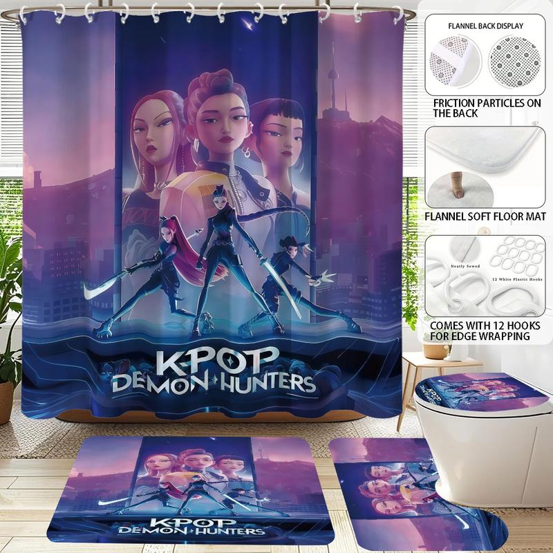 K-Pop Demon Hunters Bathroom Set, Shower Curtain with Hooks, Non-Slip Bath Rug, U-Shaped Toilet Mat, Toilet Lid Cover, Bathroom Decoration Accessories