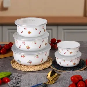 5pcs Set Blue Floral Enamel Food Storage Bowls with Lids, Multi-Functional Microwave Safe Containers for Rice Salad Noodles, Salad Serving Bowls