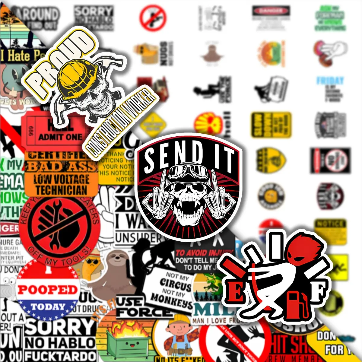 60Pcs Hard Hat Sticker Packs, Waterproof Funny Warning & Hardcore Worker Vinyl Decals for Toolbox, Helmet, Laptop & Water Bottle, Construction Worker Gift, Self Adhesive Stickers, Graphic Decal