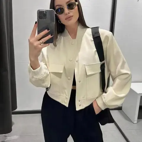 Women's Plain Pocket Button Front Stand Collar Jacket, Casual Drop Shoulder Long Sleeve Outerwear For Fall & Winter, Ladies Clothes For Daily WearGift