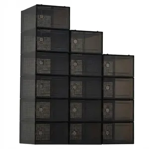 Garvee 15 Pcs Shoe Boxes, Stackable Transparent Plastic Shoe Organizer Containers with Lids for Women/Men, Black