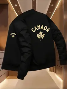Men's Heavyweight Full Zip Winter Jacket, Windproof Fleece Coat with Maple Leaf & Canada Letter Pattern, Gold Accents