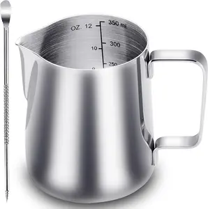 Stainless Steel Milk Frothing Pitcher 12 oz, Espresso Steaming Pitcher with Decorating Pen for Espresso Machines, Cappuccino, Latte Art Jugs