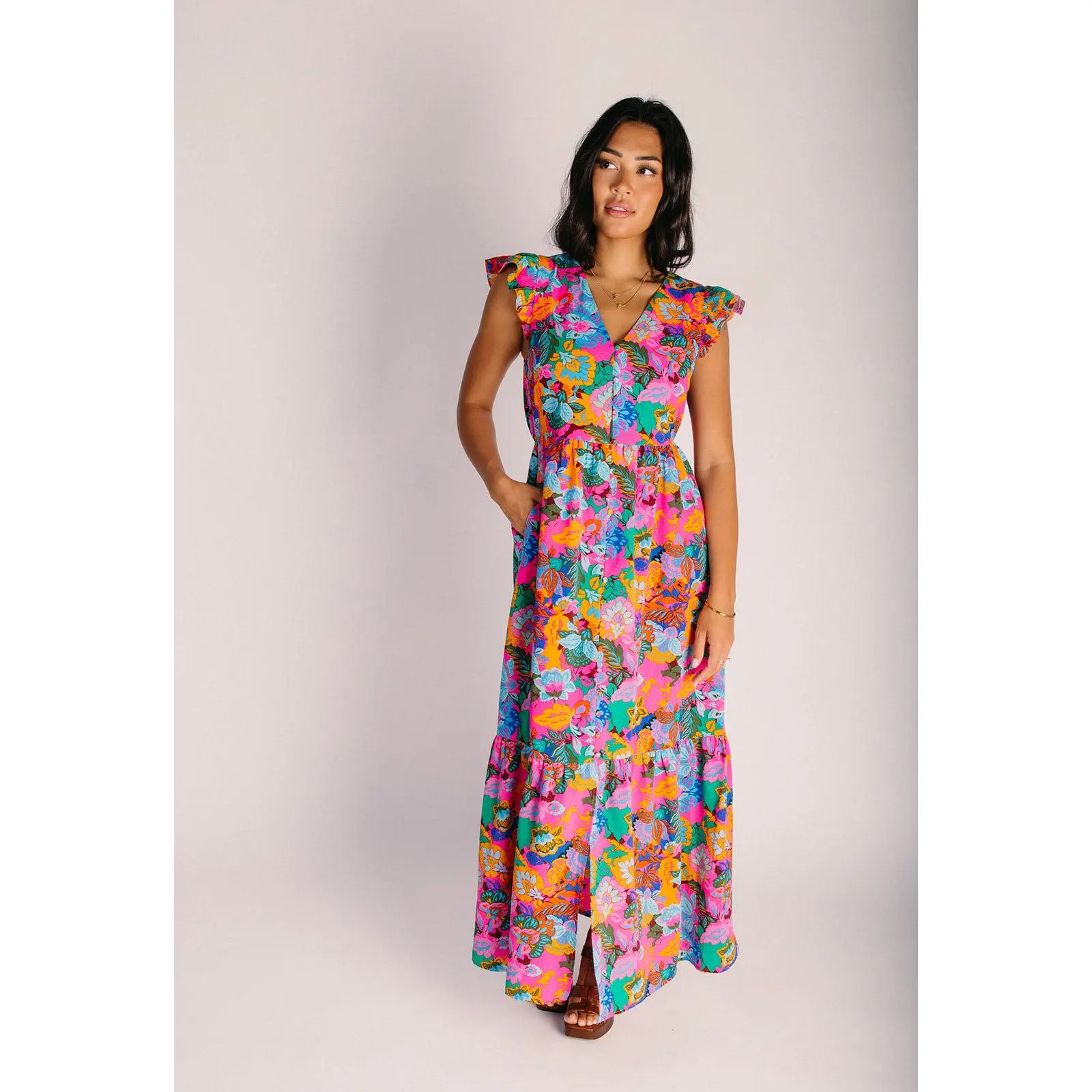 The Evianna Flutter Maxi Dress in Fuchsia Multi