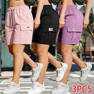 Pack of 3 women’s outdoor cargo shorts—breathable, quick-drying, multi-pocket design, solid color, drawstring elastic waistband; suitable for outdoor sports and casual wear; summer shorts, women’s shorts.