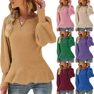 FMEYOA Womens 2025 Fall Sweaters Long Sleeve Crew Neck Babydoll Sweater Casual Rib Knit Pullover Tops