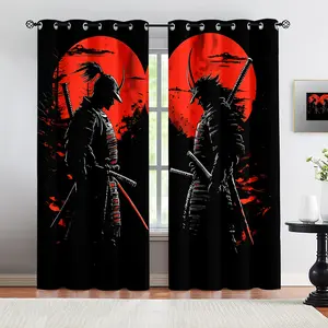 Japanese Samurai Blackout Curtains, Triple Weave Thermal Insulated Noise Reducing Window Drapes, Red Moon Bushido Style Curtains for Bedroom, Living Room & Gaming Room (2 Panels)