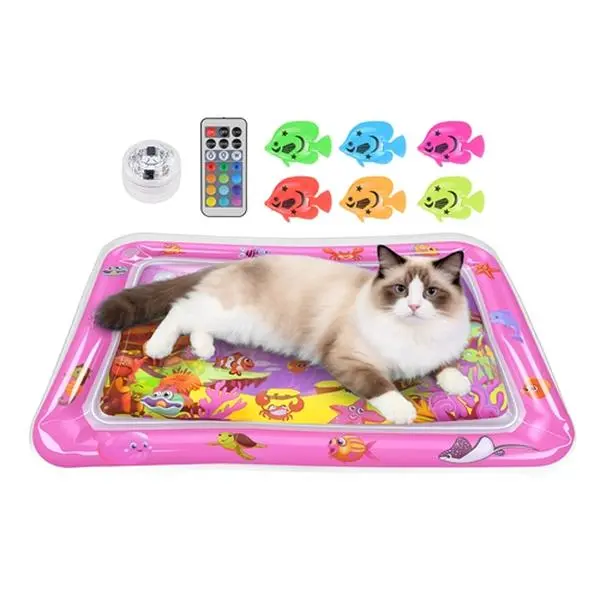 CutiePawsome Cat Water Mat - Foldable Interactive Sensory Play Mat with Floating 3D Fish, LED Light, Button Cell Battery, Thick PVC, Easy Cleaning, Suction Cup Kicker - Stimulates Batting, Chasing, Hunting Instincts, Healthy Exercise - Pet Enrichment Gift