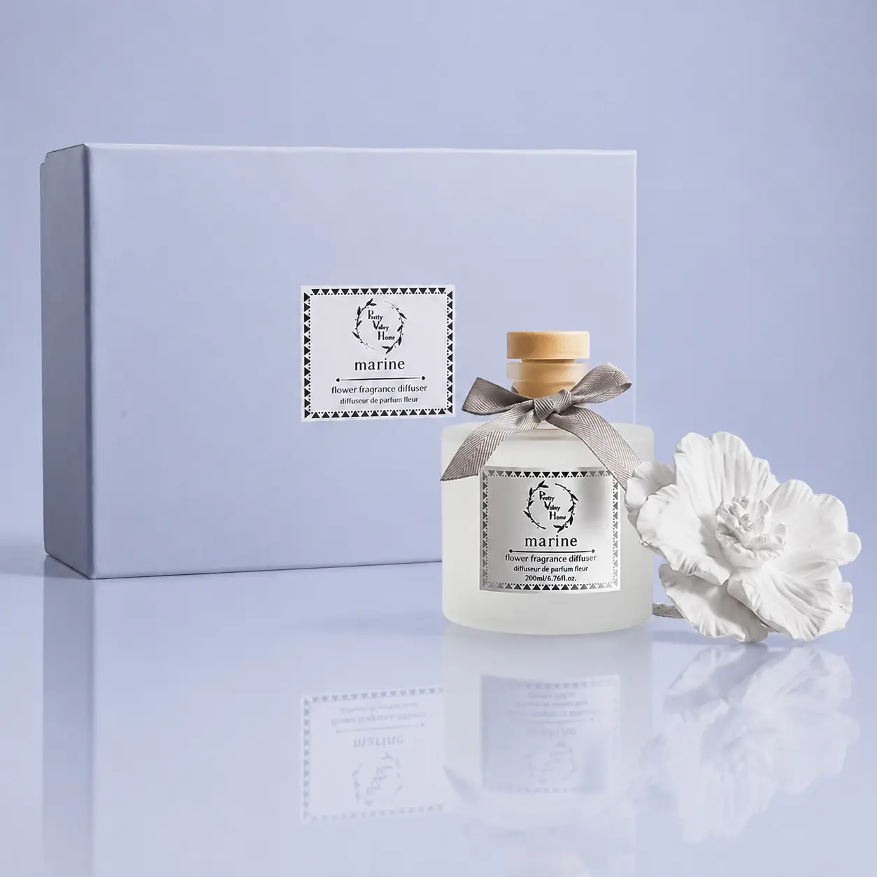 Pretty Valley Home-Reed Diffuser Sets, 6.76 Fl. Oz / 200ML Ceramic Diffuser Flower Gift Box, Home Reed Diffuser for Bathroom Office Bathroom Living Room Decor (Marine Blue)