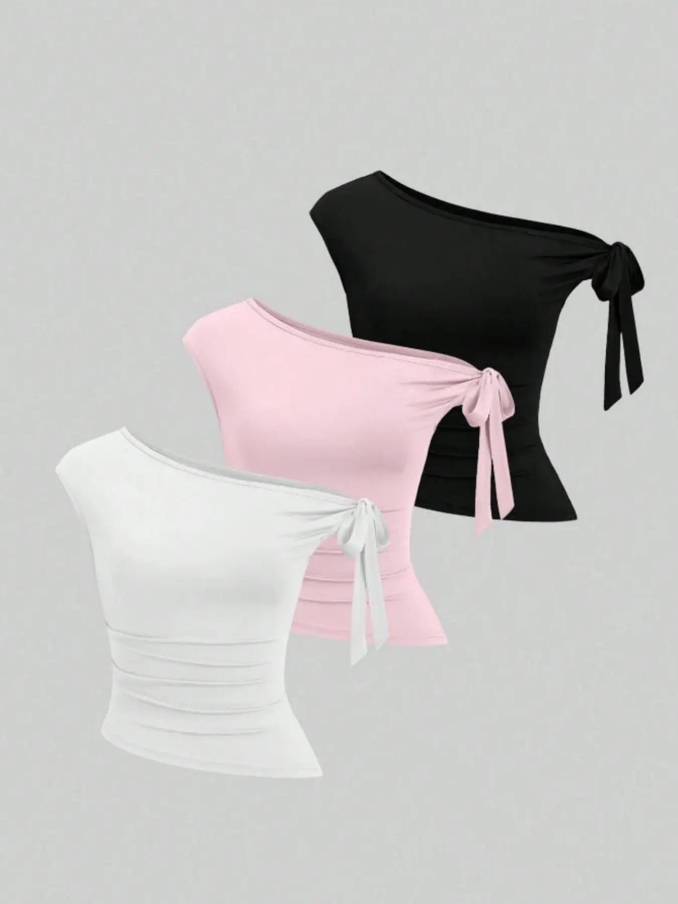Women's 3-Piece Set Casual Breathable Short Sleeve T-Shirt, Elegant Chic Lady Shoulder-Exposed Asymmetrical Neckline Design, Plain Color Casual Basic Top with Tie-Wrap Hem Womenswear
