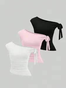 Women's 3-Piece Set Casual Breathable Short Sleeve T-Shirt, Elegant Chic Lady Shoulder-Exposed Asymmetrical Neckline Design, Plain Color Top with Tie-Wrap Hem Womenswear