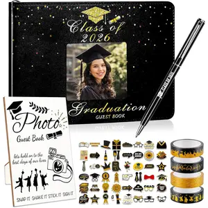 8 Pcs Graduation Guest Book 2026, Graduation Decorations Party Favors Photo Guest Book Sign with Pen Stickers Washi Tape in Book Signature Memory Scrapbook for College Gift