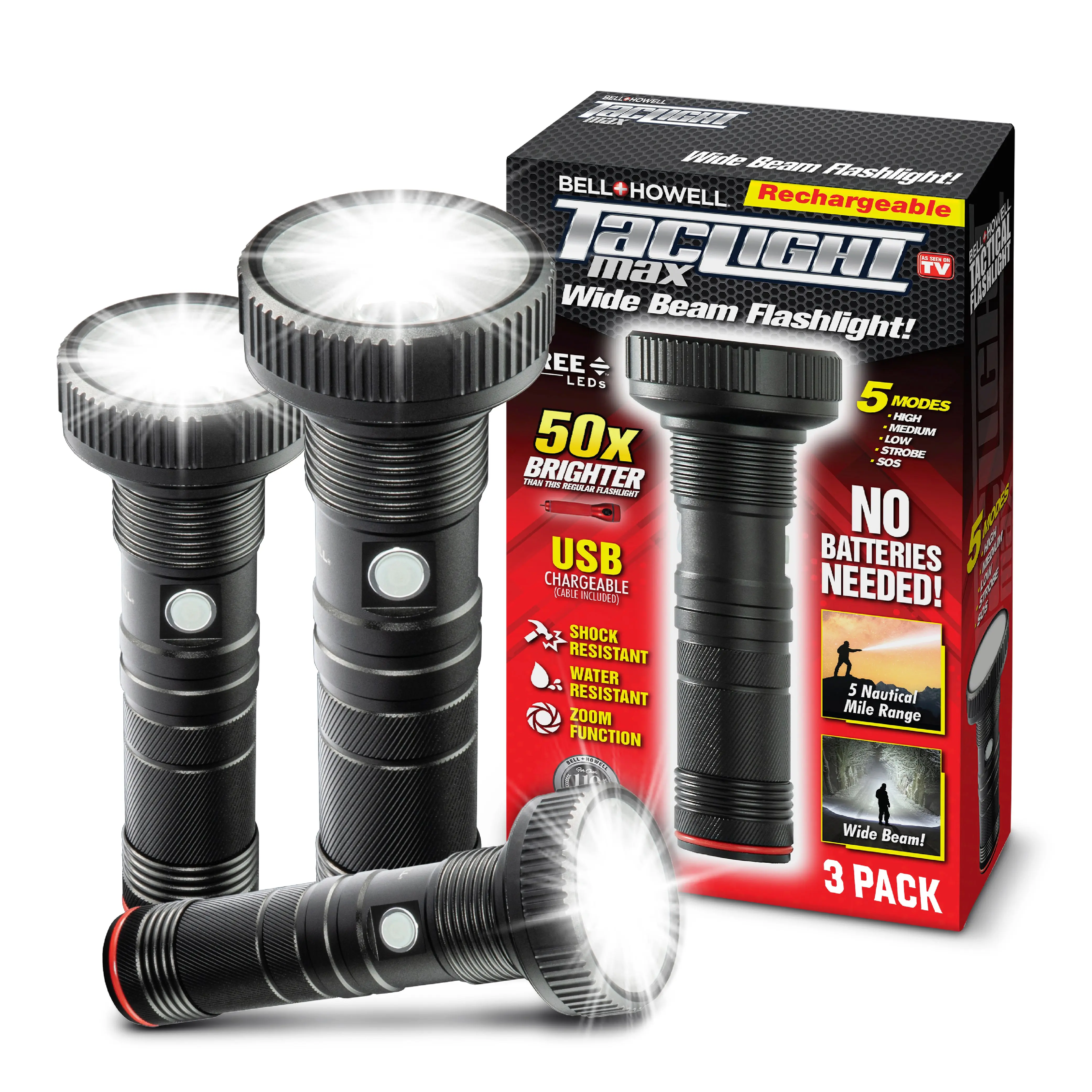 TacLight Max Wide Beam Flashlight 3-Pack – 500 Lumens Cree LED, USB Rechargeable, 5 Light Modes & Zoom Focus TacLight Max Wide Beam Flashlight 3-Pack – 500 Lumens Cree LED, USB Rechargeable, 5 Light Modes & Zoom Focus