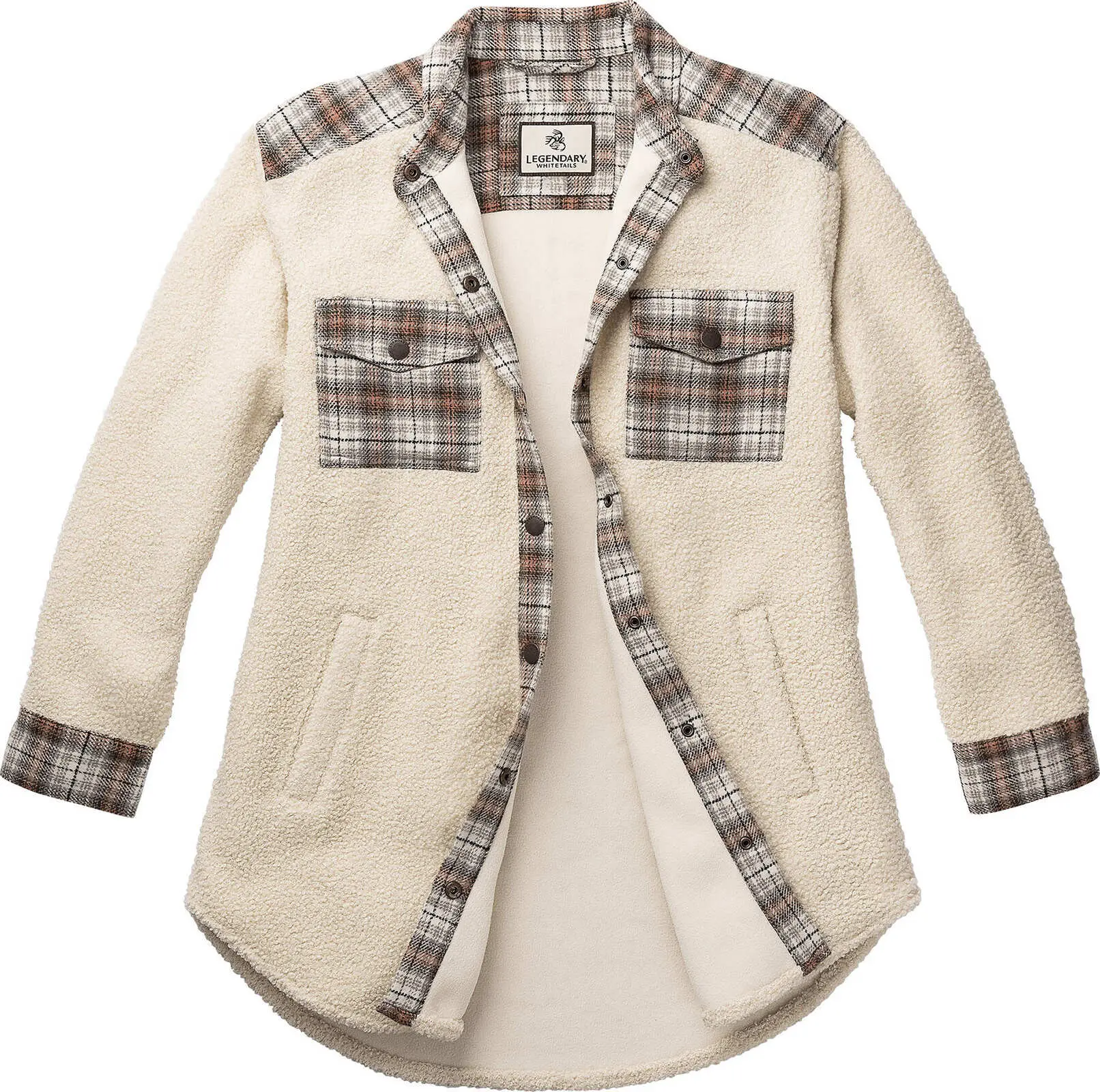Legendary Whitetails Women's Soft Plaid Boucle Sherpa Shacket - Long Sleeve, Flannel Details, Pockets, Cotton-Polyester Blend - Women's Top, Coat