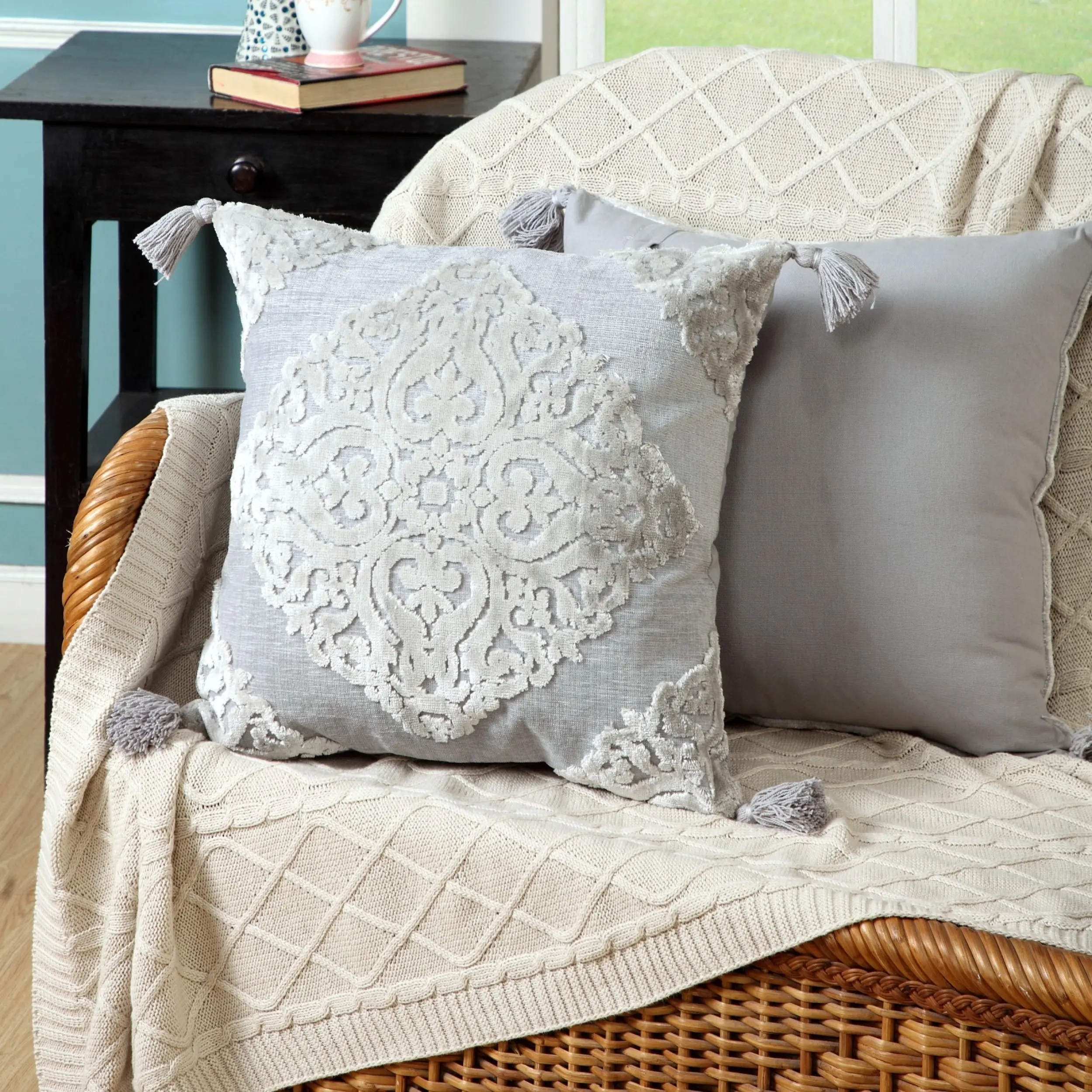 Elegant Medallion Throw Pillow – 20" x 20", Soft Velvet – Modern Boho Décor (Silver, Navy Blue, Beige)