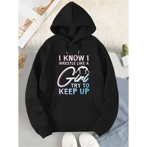Women's Fitted Polyester Wrestling Graphic Hoodie - Casual Longsleeves Pullover Tops, Medium Length, Streetwear Chic Apparel for Lady Wrestle Fans, Black Gift