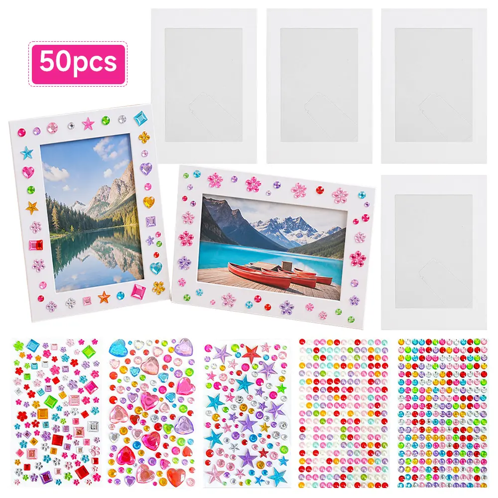 Classic 4x6 in DIY Photo Frame Set - 50-Pack Paper Frames with Cardboard Easel Back, 5 Self-Adhesive Rhinestone Gem Stickers for Tabletop Display & Bulk Craft Projects