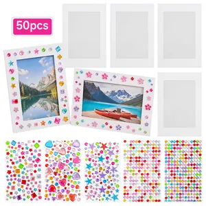 Paper Frames and Gem Stickers Jewels for Crafts - 4 x 6 in, 50 Pack DIY Photo Frame Kit with Cardboard Easel Back and 5 PCS Self Adhesive Rhinestone Jewel Stick on Gems for Tabletop Display & Bulk Craft Projects